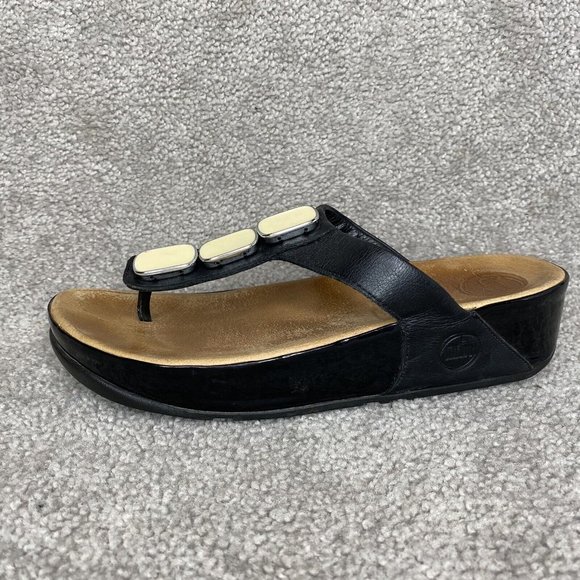Fitflop Shoes - FitFlop Black Brown Pietra II 399-001 Leather Casual Thong Sandal Women's Size 9